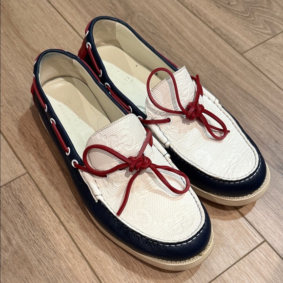 Gucci Red White and Blue Men's Boat Shoes with box